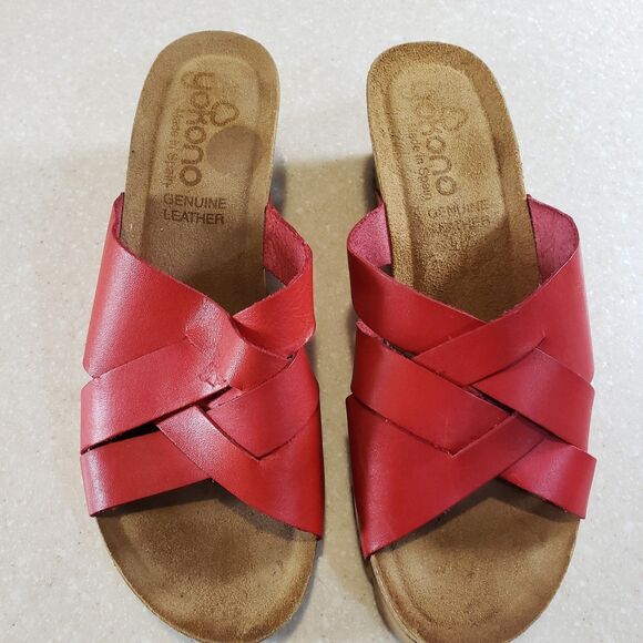 Yokono Women's Red Leather Wedge Platform Sandals Size 9 Cross Strap Slides VGC - Picture 5 of 8